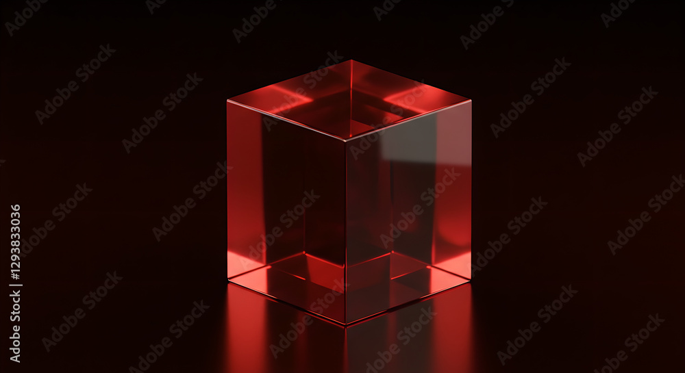 Poster transparent glass cube with red illumination on dark background. minimalist geometric shape with lig
