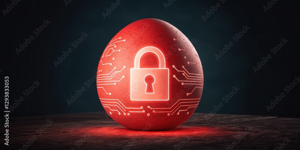 Poster cybersecurity in easter day concept. a glowing red egg with a padlock symbol and circuit patterns, s