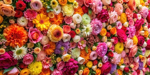 Vibrant colorful floral wall with blooming flowers in various shades of pink