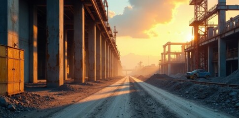 Fototapeta premium Industrial construction site multiexposure shadows, steel, labor