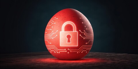 Cybersecurity in Easter day concept. A glowing red egg with a padlock symbol and circuit patterns, symbolizing cybersecurity and digital protection.