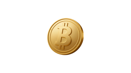 A gleaming golden Bitcoin, symbol of digital currency's rise, against a clean white backdrop, showcasing its symbolic value.