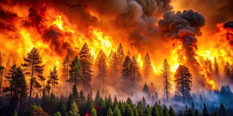 A blazing inferno engulfs a dense forest, natural disaster, destruction