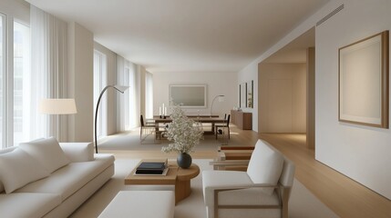Fototapeta premium Serene Home Interior: A modern, minimalist living space bathed in natural light, showcasing elegant furniture, artwork, and decor. This home is a statement of luxury and simplicity.