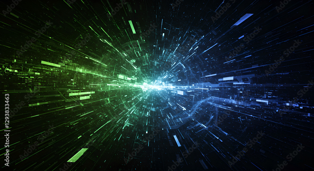 Poster explosive energy burst in space with blue and green light trails. dynamic cosmic particles effect. a