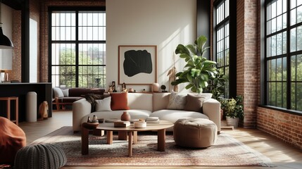 Fototapeta premium Serene Living Space: Modern and inviting interior featuring comfortable furniture, a cozy atmosphere, large windows, and a touch of nature.