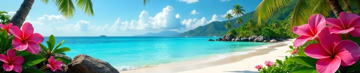 Fototapeta premium Serene Bora Bora beach, vibrant tropical flowers, turquoise water , flowers, turquoise, tropical