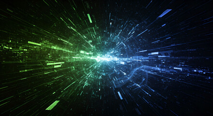 Fototapeta premium Explosive energy burst in space with blue and green light trails. Dynamic cosmic particles effect. Abstract galaxy background for technology, sci-fi design with radial motion blur