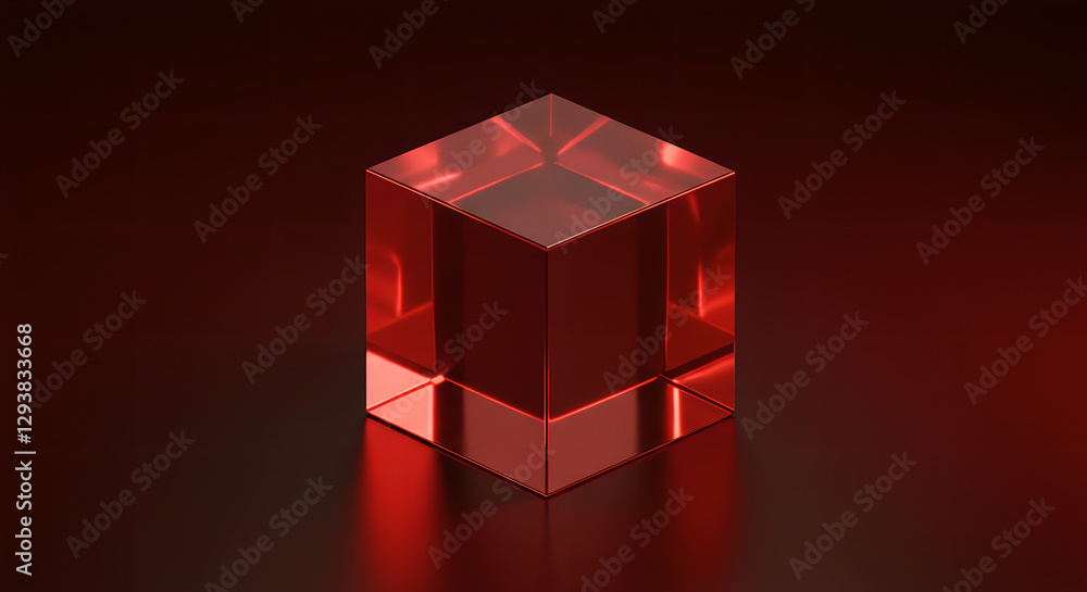 Poster red glass cube with light reflections on dark background. transparent crystal block in geometric sha