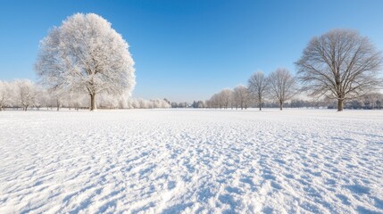 Obraz premium Snowy park landscape, winter trees, sunny day, peaceful scene; nature background