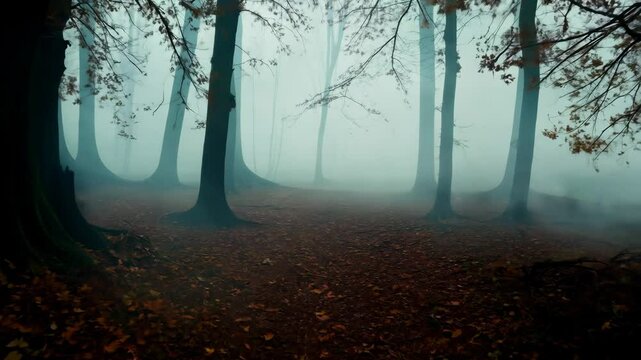 Enchanted Autumn Woods Backdrop Featuring Shadowy Trees and Swirling Mist for Spooky Fall Creations