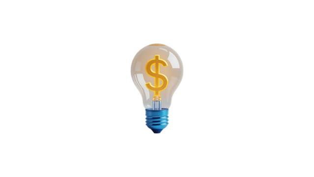A brilliant idea illuminating financial success, a glowing dollar sign inside a lightbulb against a clean white backdrop.