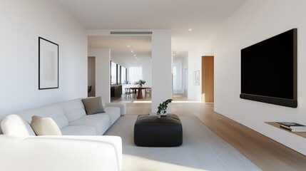 Modern Interior: A spacious, contemporary living room with clean lines and minimalist decor, showcasing a sleek flat-screen television, a comfortable sofa, and subtle design elements.