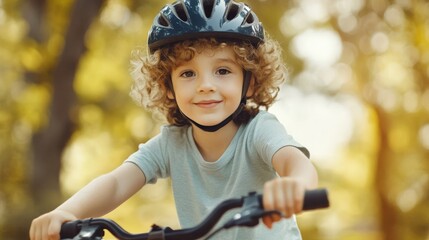 Beautiful little child riding bicycle wearing helmet on head, trees in the background out of focus