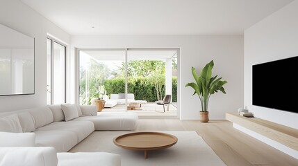 Naklejka premium Serene Living Room: A bright, modern living space exudes a minimalist aesthetic, with a comfortable sofa, a large television, and a seamless transition to an outdoor patio.