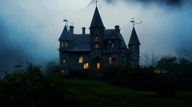 Ominous Halloween Artwork of a Haunted Mansion with Sinister Glow and Swirling Fog
