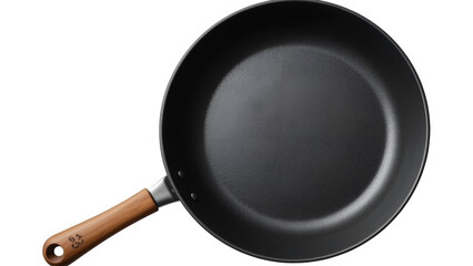 A sleek, dark frying pan with a warm wooden handle, ready to create culinary masterpieces in your kitchen against a clean white background.