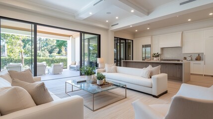 Fototapeta premium Elegance and Space: a sunlit living space of a modern luxurious home with sleek design and seamless indoor-outdoor flow, glass doors open to the patio, creating an airy atmosphere.