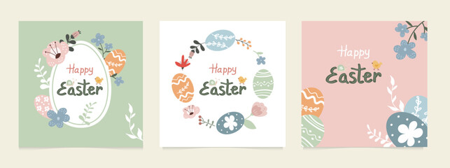  Set of Easter cards featuring vibrant designs perfect for spring celebrations. Each card displays playful illustrations including decorated eggs, delicate flowers, and cheerful messages wishing a hap