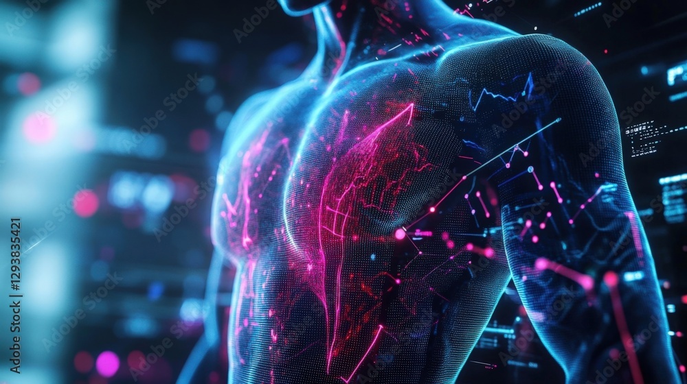 Poster visualizing medical data analysis and iot integration within a futuristic human body scan, highlight
