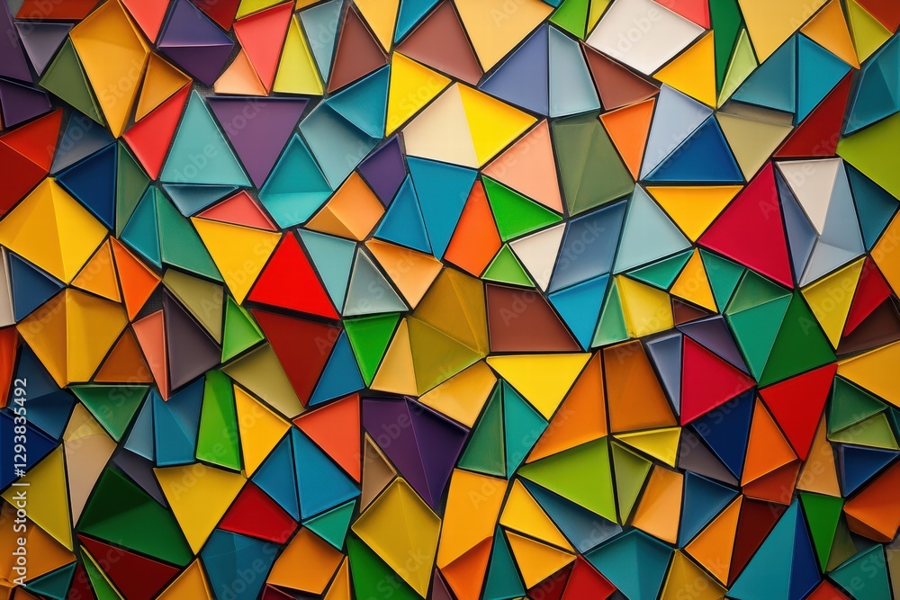 Poster mosaic of colored triangles creating a vibrant geometric pattern in a modern art display