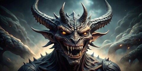 Fototapeta premium Dark fantasy creature with sharp horns and teeth , horns, demonic, horns, demonic, dark fantasy, monstrous