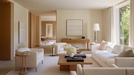 Fototapeta premium Serene Living Room Interior: A spacious and elegantly designed living room filled with natural light, featuring modern furniture, creating an atmosphere of comfort and sophistication.