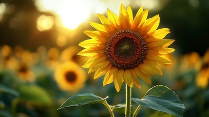 Naklejka premium Golden hour illuminating a vibrant sunflower field with warm glow