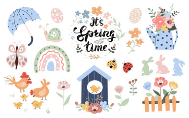 Spring set elements like flowers, a rainbow, and a ladybug symbols nature's awakening. Cheerful details such as an umbrella, budding plants, and playful chicks, bunnies, rainbow.