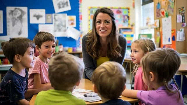 A cheerful teacher engages with young students in a classroom. The video captures a close-up angle, emphasizing interaction and learning in a vibrant setting.