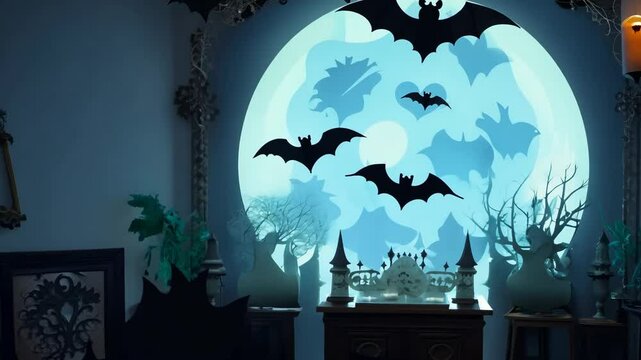 Spooky Evening Decor with Bats and Glowing Moon Backdrop Animation