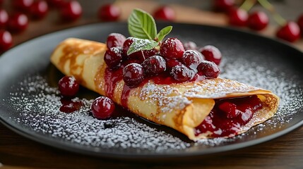 Luxurious crepe filled with vibrant cherry compote, drizzled with smooth vanilla sauce, finely dusted with powdered sugar, plated with artistic precision, soft bokeh background,