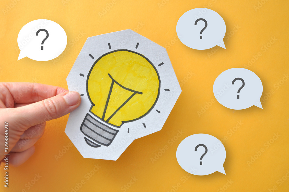 Aufkleber lots of questions and.one light bulb in my hands. .help and creative answers to various questions