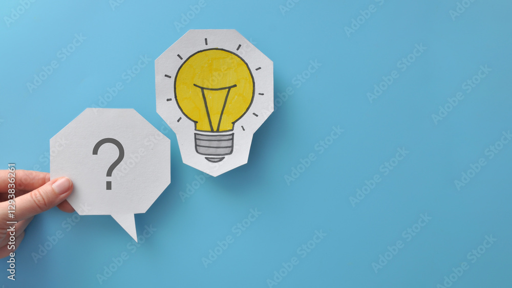 Poster a glowing light bulb and a question mark next to it. the problem and its creative solution