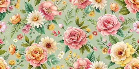 Elegant seamless floral pattern with vibrant blooms and delicate leaves in shades of pink, peach, and yellow, set against a soft green background , flowers, flower arrangement