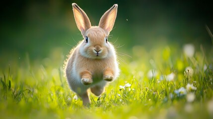 Obraz premium Cute Bunny Rabbit Playing Outdoor in Bright Green Meadow Grass
