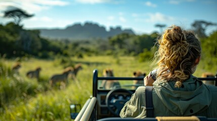 Naklejka premium Enthusiastic guest captures the moment while observing a pride of lions in a lush landscape, highlighting the beauty of nature and wildlife interaction under clear skies.