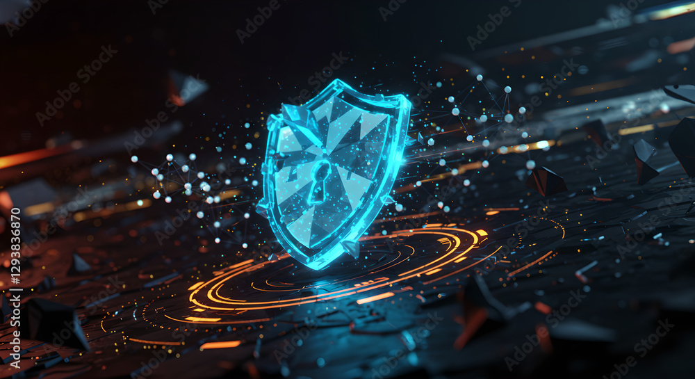 Poster blue glowing digital shield with cyber circles. modern network security visualization on dark backgr