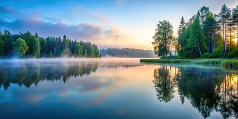 Obraz premium Serene lake at dusk with misty fog rising from water surface, surrounded by lush greenery and tall trees in summer night scene , tranquil setting, peaceful environment