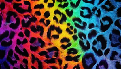 Rolgordijnen zonder boren Vibrant Rainbow Neon Leopard Print Backdrop with Colorful Wildlife Pattern, Illuminating the Moody Nightscape in a Striking Combination of Modern and Wild © netsay