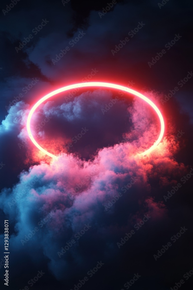 Poster luminous neon circle glowing amidst ethereal clouds creating a captivating cosmic atmosphere and mod