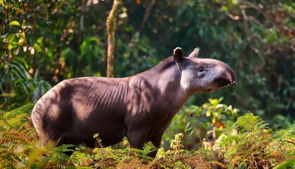 Fototapeta premium Rare Sighting of a Bairds Tapir in Tenorio Volcano National Park, Guanacaste, Costa Rica Majestic Wildlife Amidst Lush Greenery and Volcanic Landscapes at Dawn