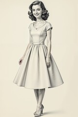 Fototapeta premium Retro-style woman in elegant 1950s dress with accessories, black and white illustration
