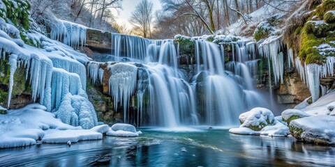 Frozen Waterfall with Ice in Winter, frozen vegetation, frozen waterfalls