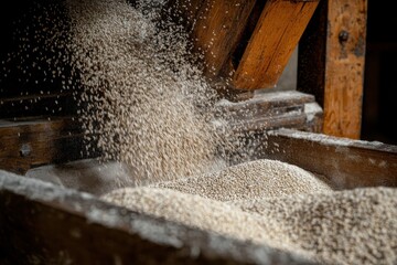 Flowing Grain Being Processed in Traditional Milling Machine