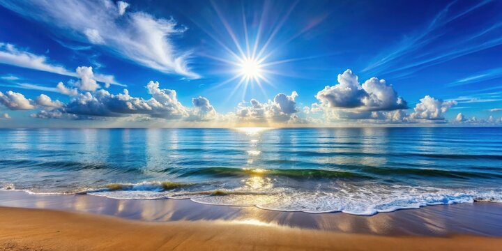Panoramic landscape of ocean with blue sky and sunbeam , horizon, beach,  horizon, beach, light
