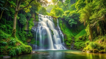 waterfall cascading down lush green forest, serenity, outdoors,  serenity, outdoors, vegetation