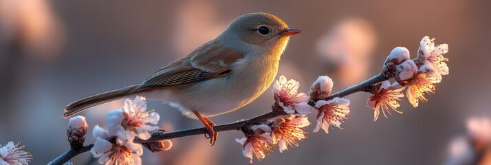 Obraz premium Close-up view of a bird perched on a flowering branch at sunset