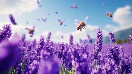 Naklejka premium Bees fluttering in the lavender fields