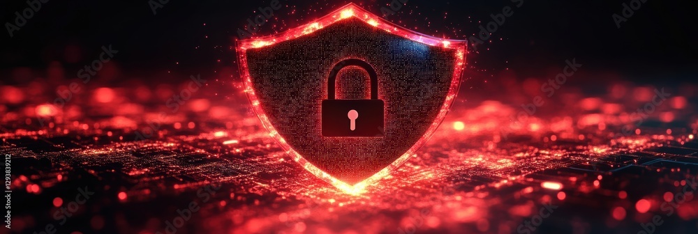 Poster digital shield icon with lock symbolizing cyber security and data protection